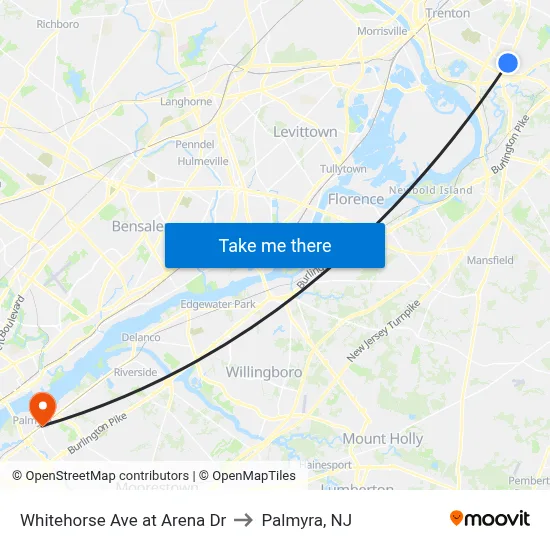 Whitehorse Ave at Arena Dr to Palmyra, NJ map