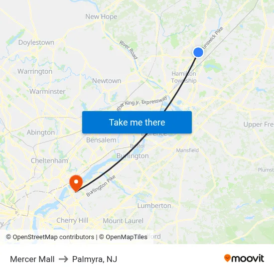 Mercer Mall to Palmyra, NJ map