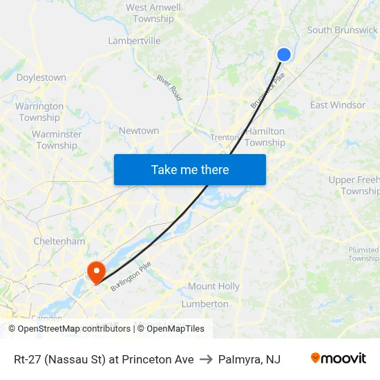 Rt-27 (Nassau St) at Princeton Ave to Palmyra, NJ map