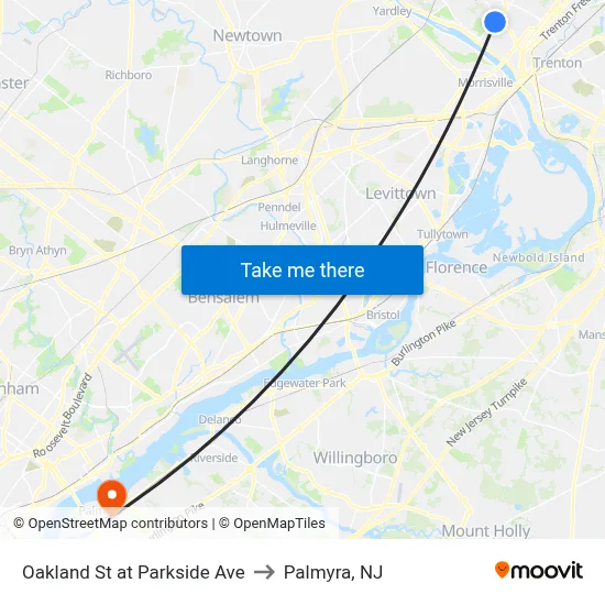 Oakland St at Parkside Ave to Palmyra, NJ map