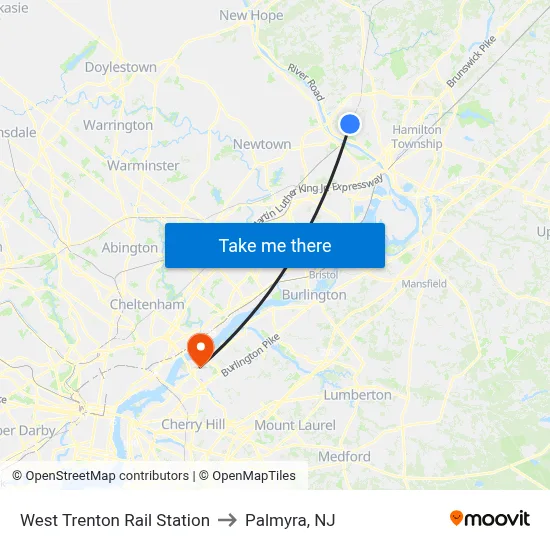 West Trenton Rail Station to Palmyra, NJ map
