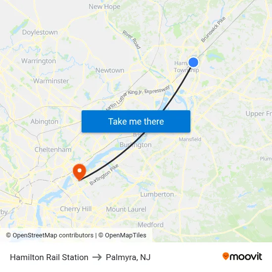 Hamilton Rail Station to Palmyra, NJ map