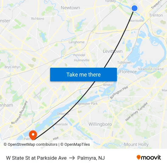 W State St at Parkside Ave to Palmyra, NJ map