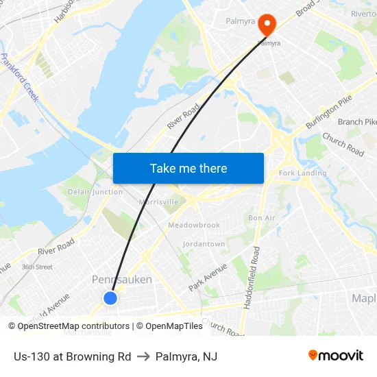Us-130 at Browning Rd to Palmyra, NJ map