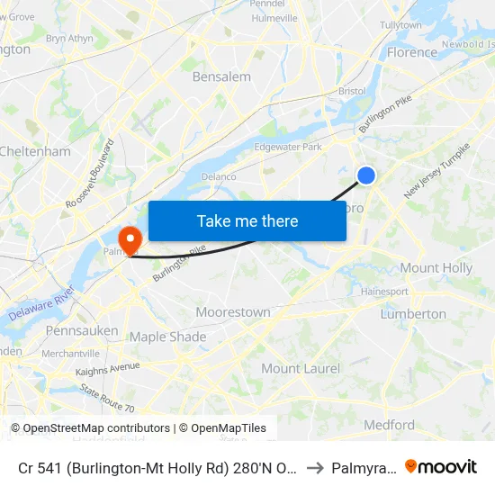 Cr 541 (Burlington-Mt Holly Rd) 280'N Of Sunset Rd to Palmyra, NJ map