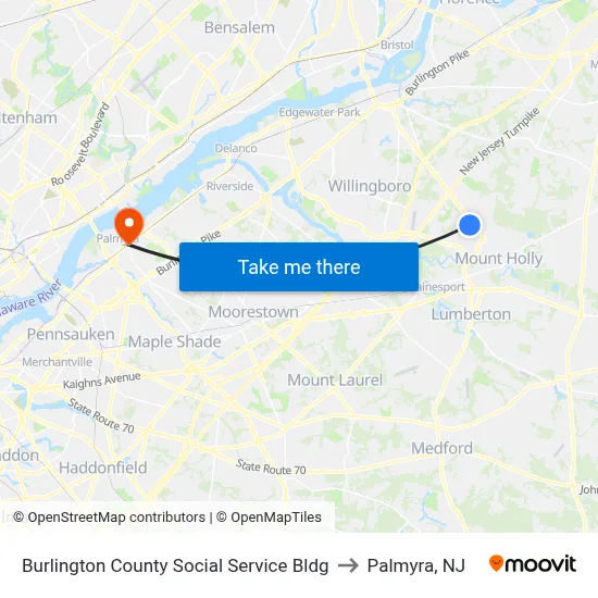 Burlington County Social Service Bldg to Palmyra, NJ map