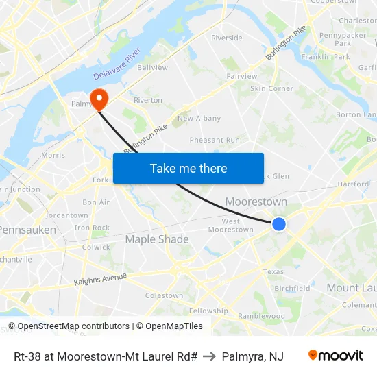 Rt-38 at Moorestown-Mt Laurel Rd# to Palmyra, NJ map