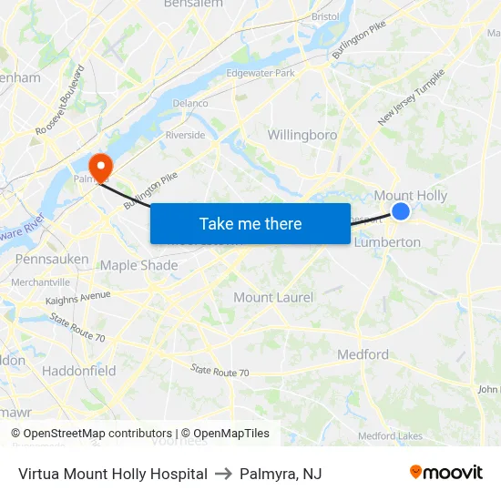 Virtua Mount Holly Hospital to Palmyra, NJ map