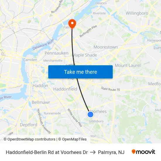 Haddonfield-Berlin Rd at Voorhees Dr to Palmyra, NJ map