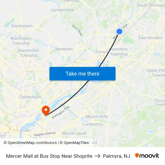 Mercer Mall at Bus Stop Near Shoprite to Palmyra, NJ map