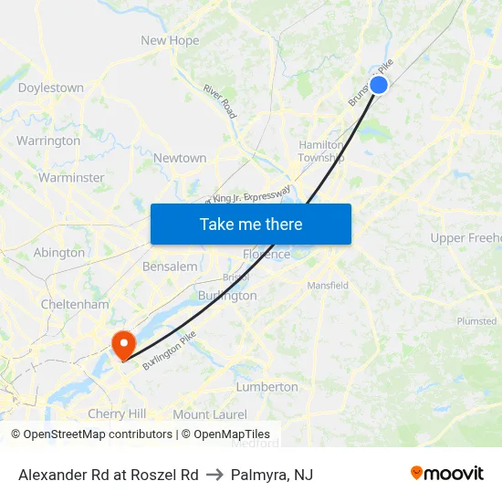 Alexander Rd at Roszel Rd to Palmyra, NJ map