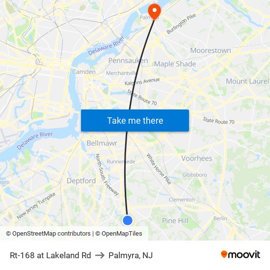 Rt-168 at Lakeland Rd to Palmyra, NJ map