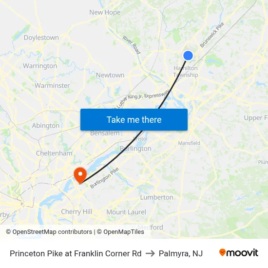 Princeton Pike at Franklin Corner Rd to Palmyra, NJ map