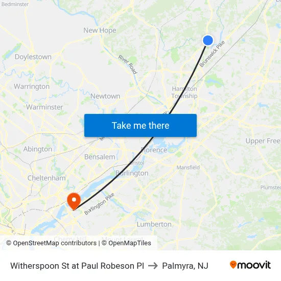 Witherspoon St at Paul Robeson Pl to Palmyra, NJ map