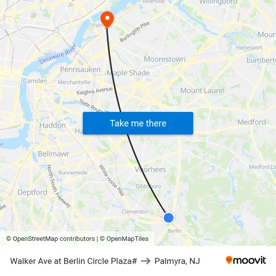 Walker Ave at Berlin Circle Plaza# to Palmyra, NJ map