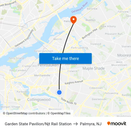 Garden State Pavilion/Njt Rail Station to Palmyra, NJ map