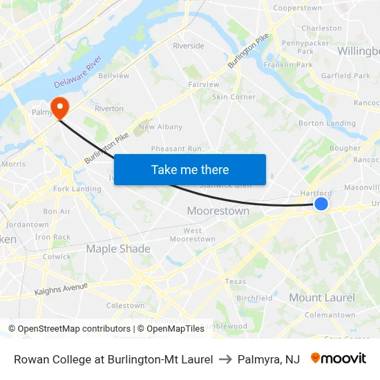 Rowan College at Burlington-Mt Laurel to Palmyra, NJ map