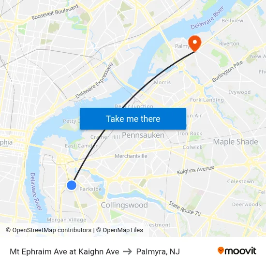 Mt Ephraim Ave at Kaighn Ave to Palmyra, NJ map