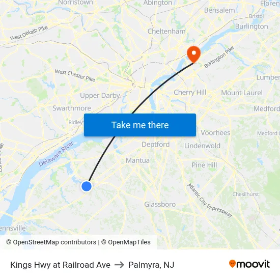 Kings Hwy at Railroad Ave to Palmyra, NJ map