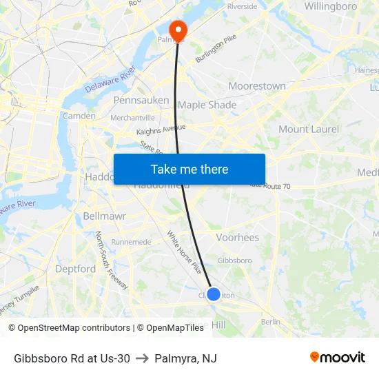 Gibbsboro Rd at Us-30 to Palmyra, NJ map