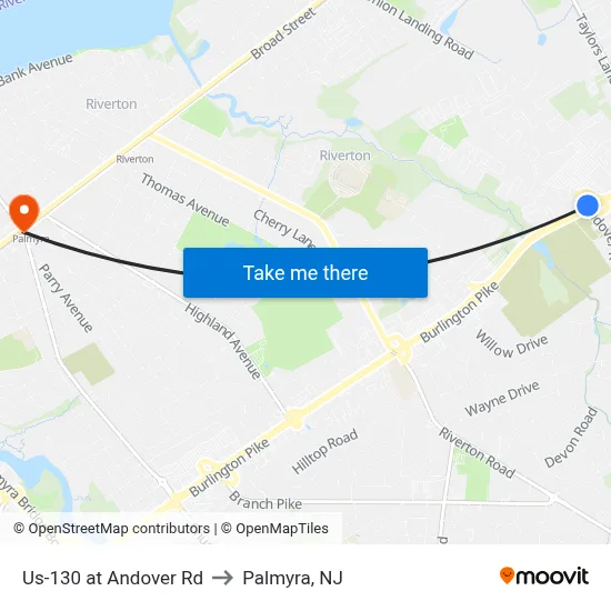 Us-130 at Andover Rd to Palmyra, NJ map