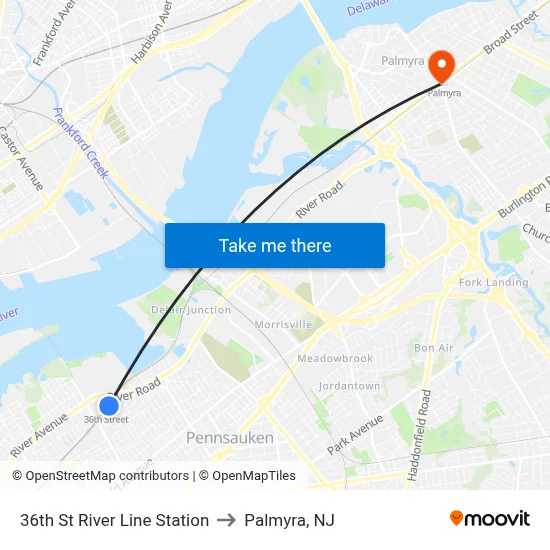 36th St River Line Station to Palmyra, NJ map