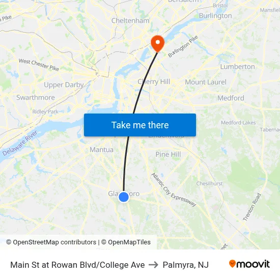 Main St at Rowan Blvd/College Ave to Palmyra, NJ map