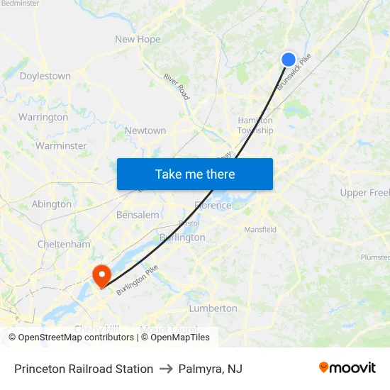 Princeton Railroad Station to Palmyra, NJ map