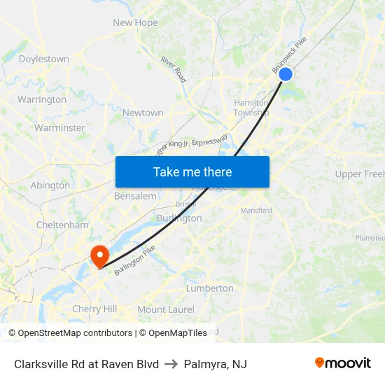 Clarksville Rd at Raven Blvd to Palmyra, NJ map