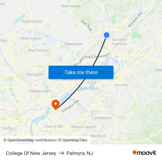 College Of New Jersey to Palmyra, NJ map