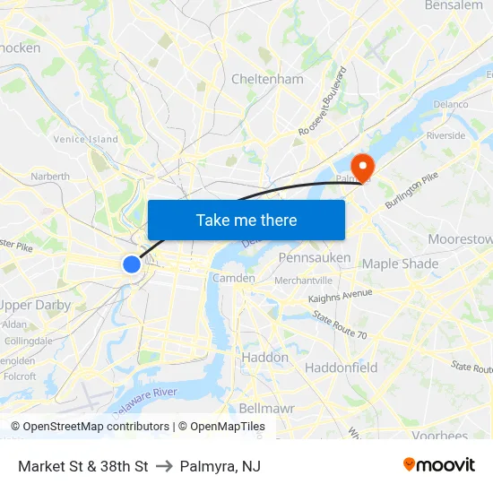 Market St & 38th St to Palmyra, NJ map