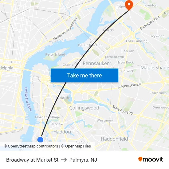 Broadway at Market St to Palmyra, NJ map