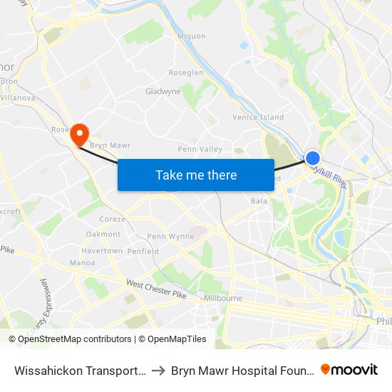 Wissahickon Transportation Center to Bryn Mawr Hospital Founders Building map