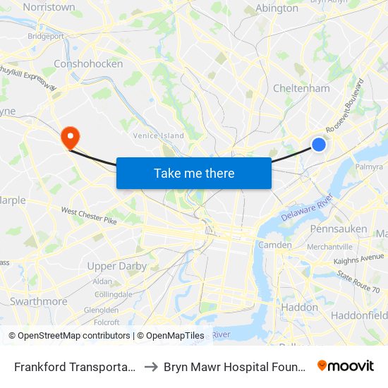 Frankford Transportation Center to Bryn Mawr Hospital Founders Building map