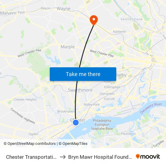 Chester Transportation Center to Bryn Mawr Hospital Founders Building map