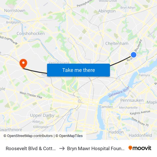 Roosevelt Blvd & Cottman Av - FS to Bryn Mawr Hospital Founders Building map