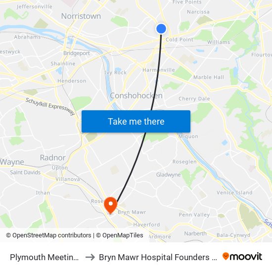 Plymouth Meeting Mall to Bryn Mawr Hospital Founders Building map