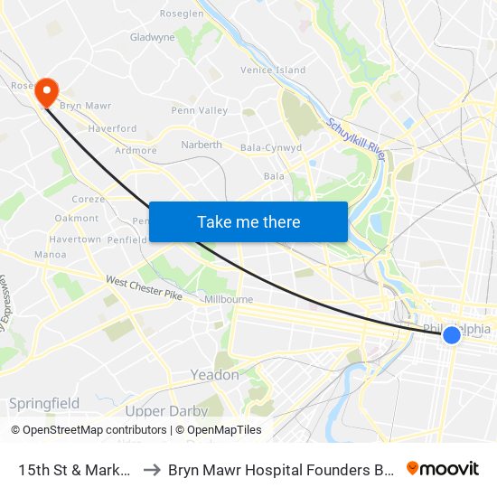 15th St & Market St to Bryn Mawr Hospital Founders Building map