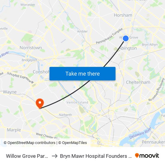 Willow Grove Park Mall to Bryn Mawr Hospital Founders Building map