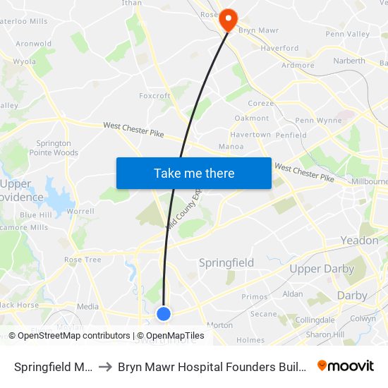 Springfield Mall to Bryn Mawr Hospital Founders Building map