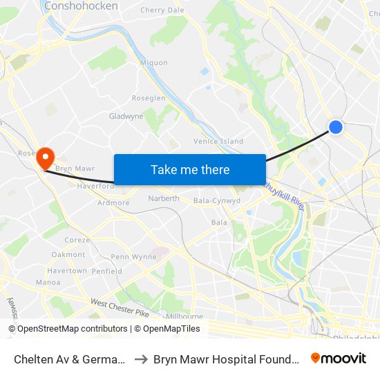 Chelten Av & Germantown Av to Bryn Mawr Hospital Founders Building map