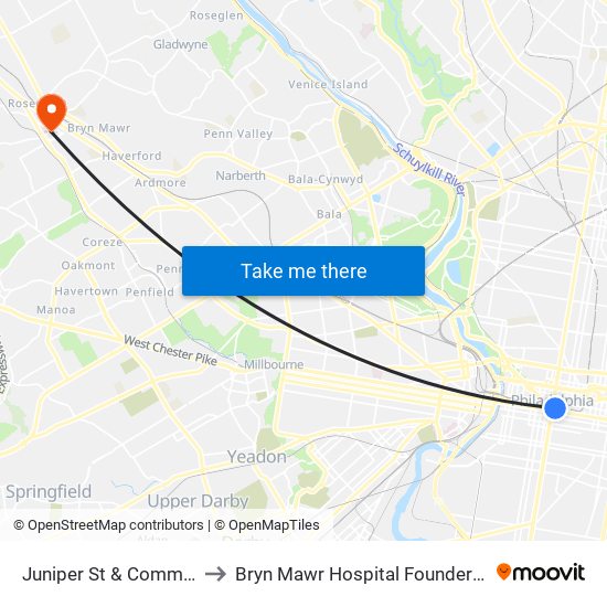 Juniper St & Commerce St to Bryn Mawr Hospital Founders Building map