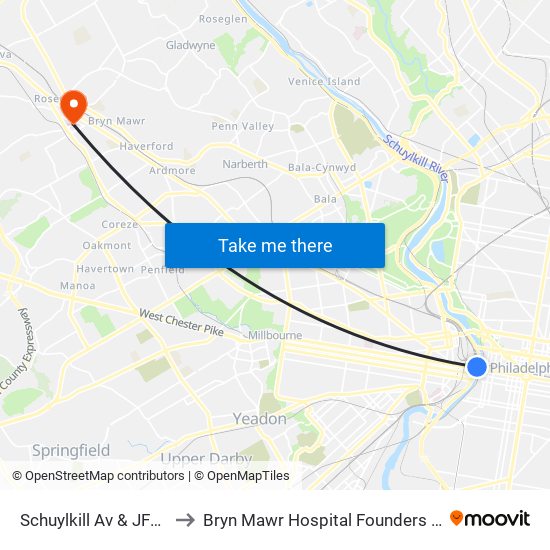 Schuylkill Av & JFK Blvd to Bryn Mawr Hospital Founders Building map