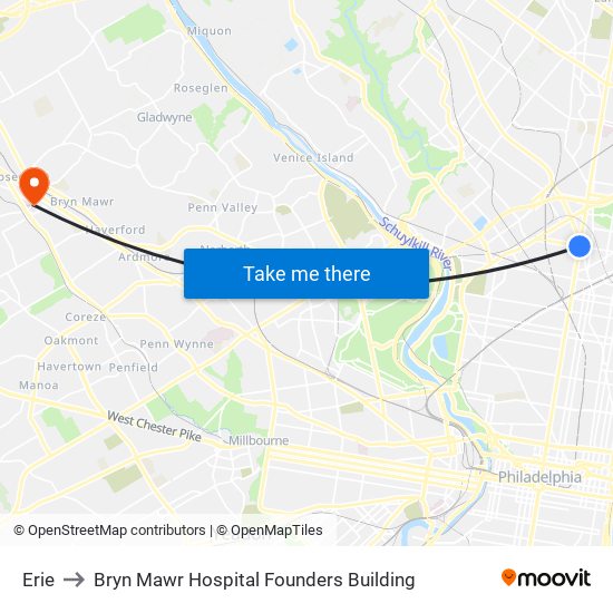 Erie to Bryn Mawr Hospital Founders Building map