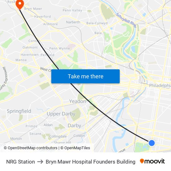 NRG Station to Bryn Mawr Hospital Founders Building map