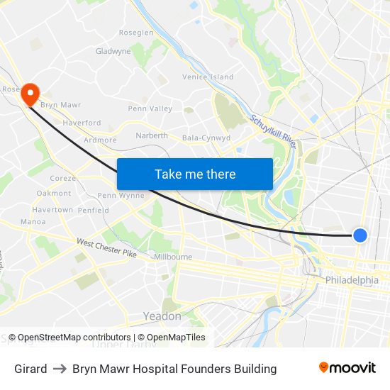 Girard to Bryn Mawr Hospital Founders Building map