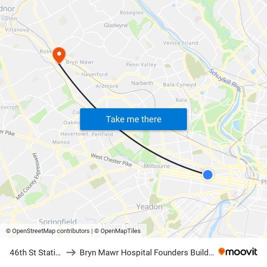46th St Station to Bryn Mawr Hospital Founders Building map