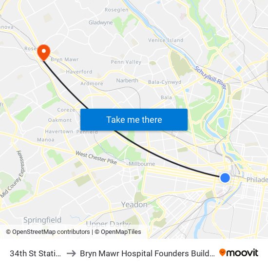 34th St Station to Bryn Mawr Hospital Founders Building map