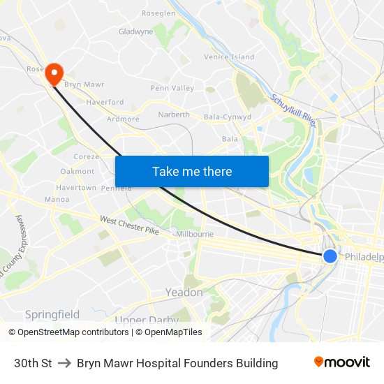 30th St to Bryn Mawr Hospital Founders Building map