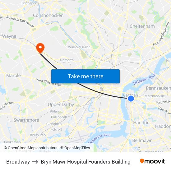 Broadway to Bryn Mawr Hospital Founders Building map
